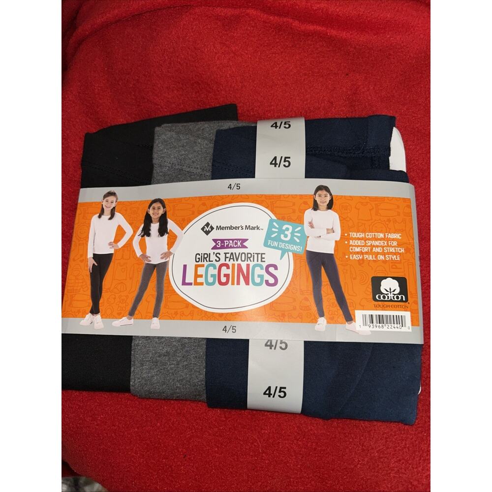 Members Mark 3pack Girls Favorite Leggings Size 4/5 Black, Navy, Grey